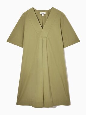 COS Olive V-Neck Pleated Short Sleeve Tunic